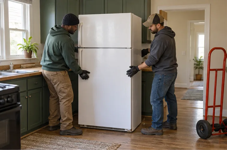 Workers positioning an unplugged refrigerator for removal