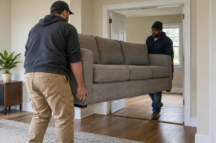 Two workers carrying an unbranded sofa through a residential doorway