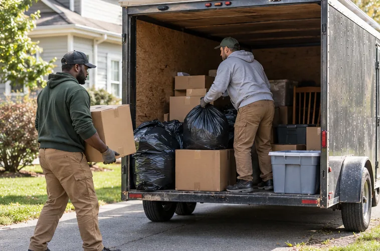 Workers loading approved household items into an unbranded trailer